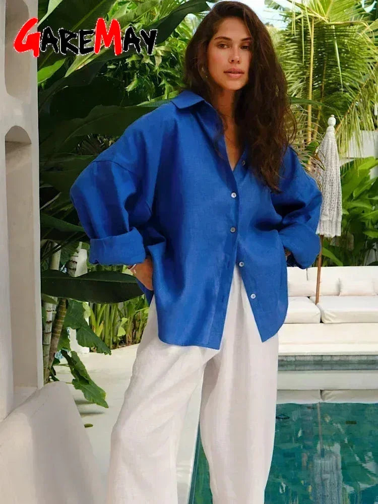 White Women's Linen Shirt Long Sleeve.