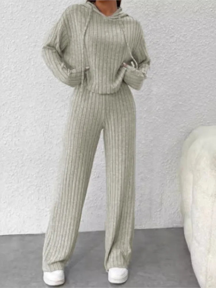 Women's Casual Knitted Striped Hooded Sweatshirt