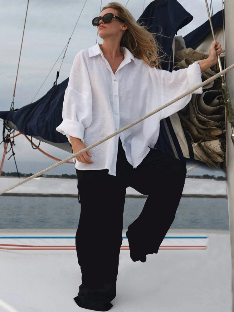 White Women's Linen Shirt Long Sleeve.