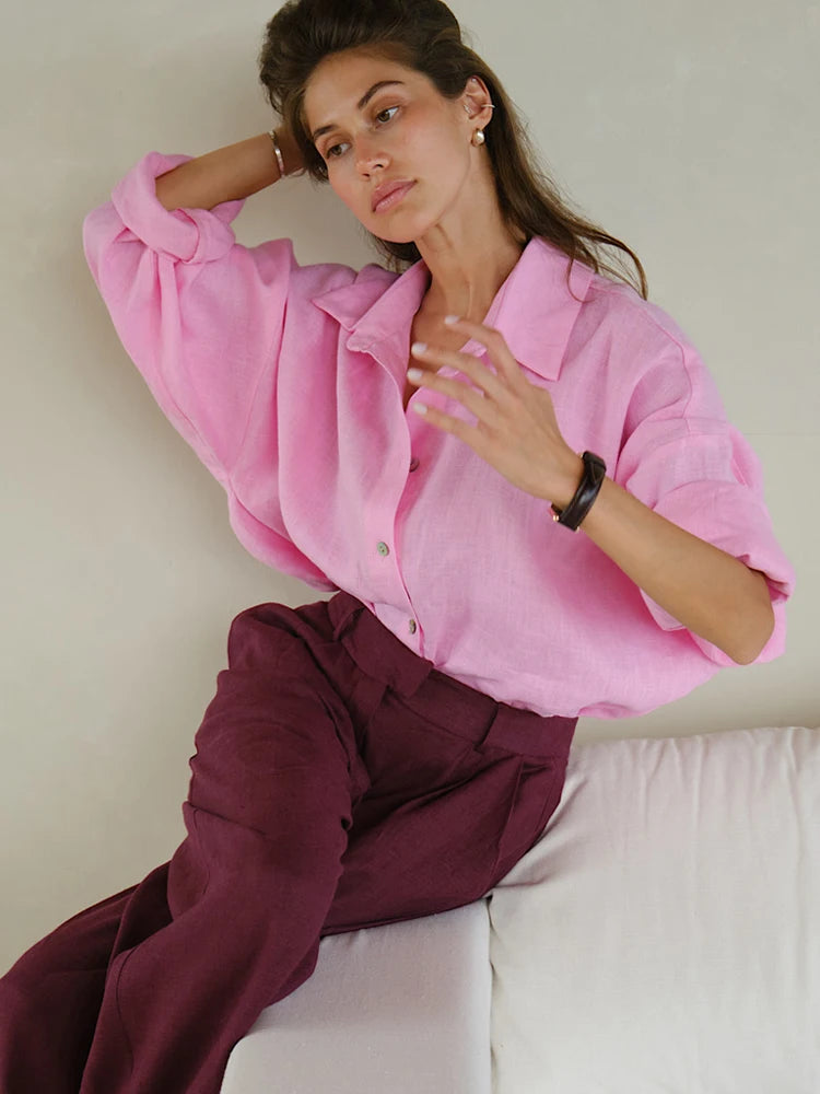 White Women's Linen Shirt Long Sleeve.