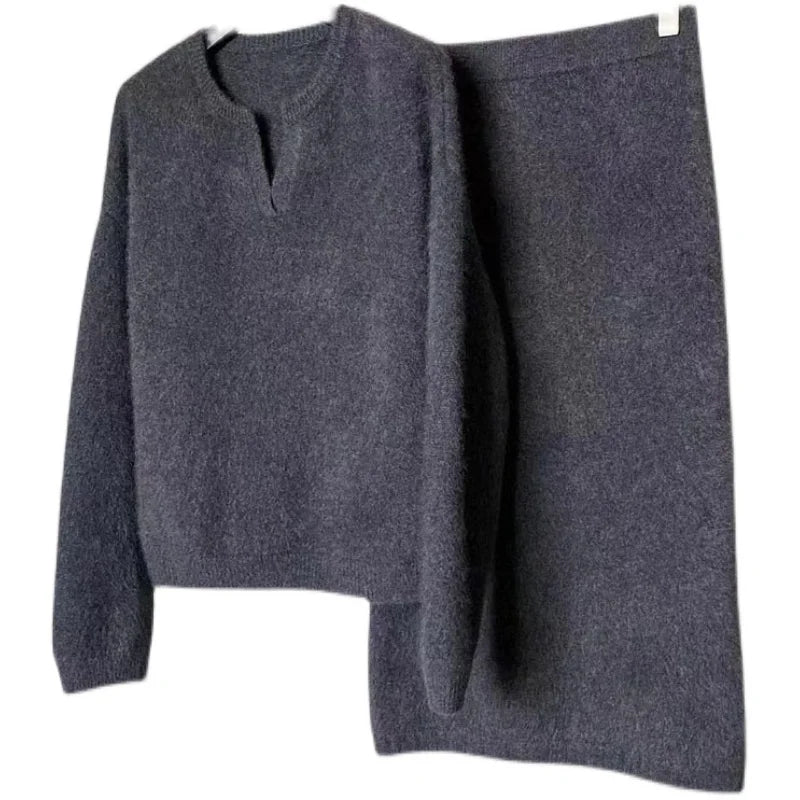 POLO collar fleece sweater + mid-length skirt two-piece