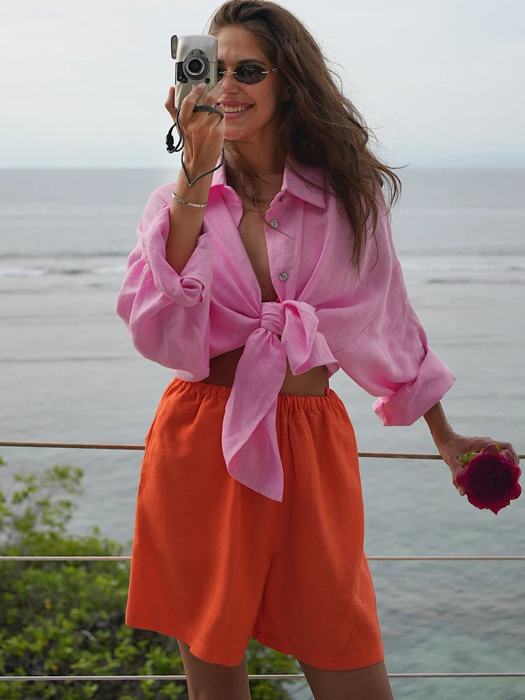 White Women's Linen Shirt Long Sleeve.