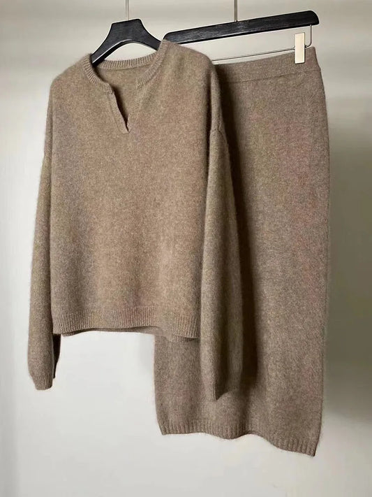 POLO collar fleece sweater + mid-length skirt two-piece