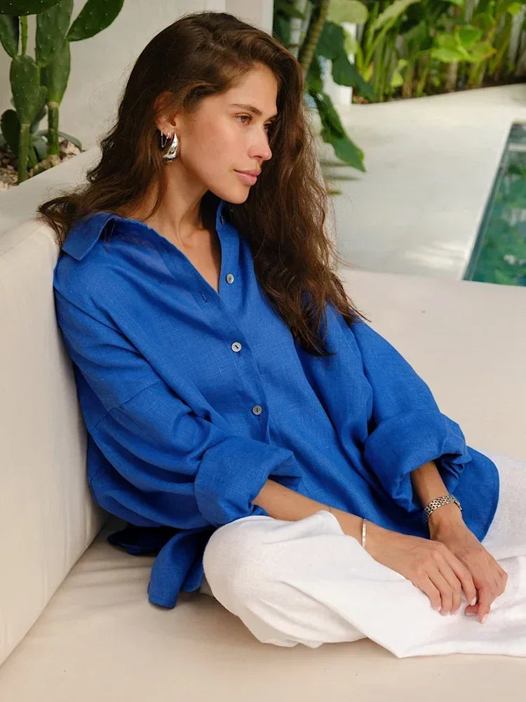White Women's Linen Shirt Long Sleeve.