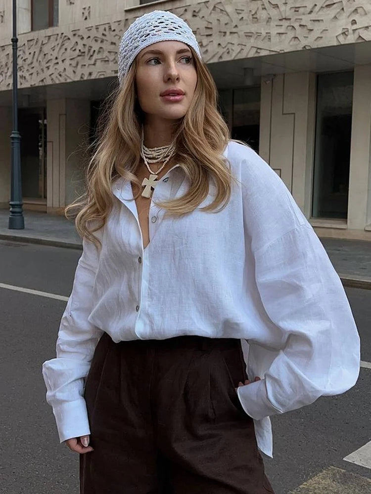 White Women's Linen Shirt Long Sleeve.