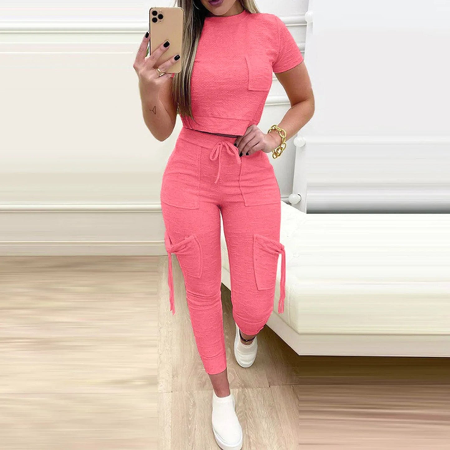 Women Cropped T Shirt Slim Long Pants