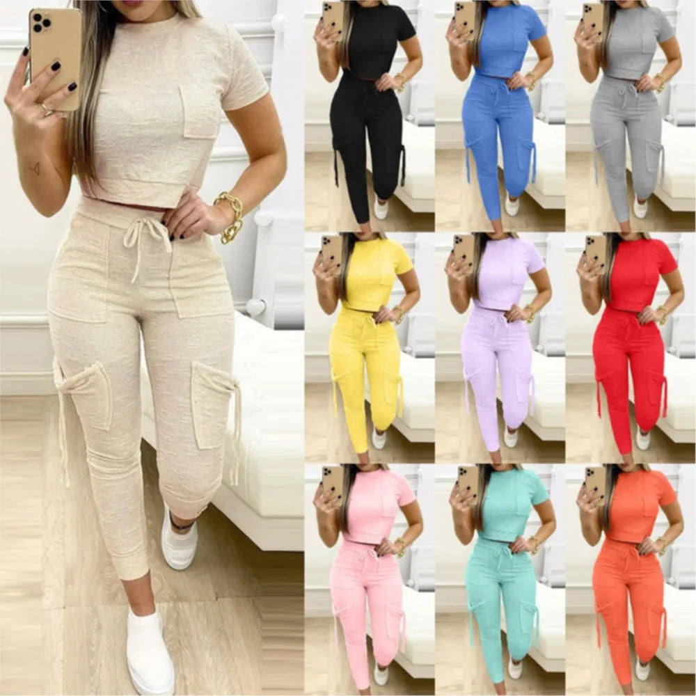 Women Cropped T Shirt Slim Long Pants