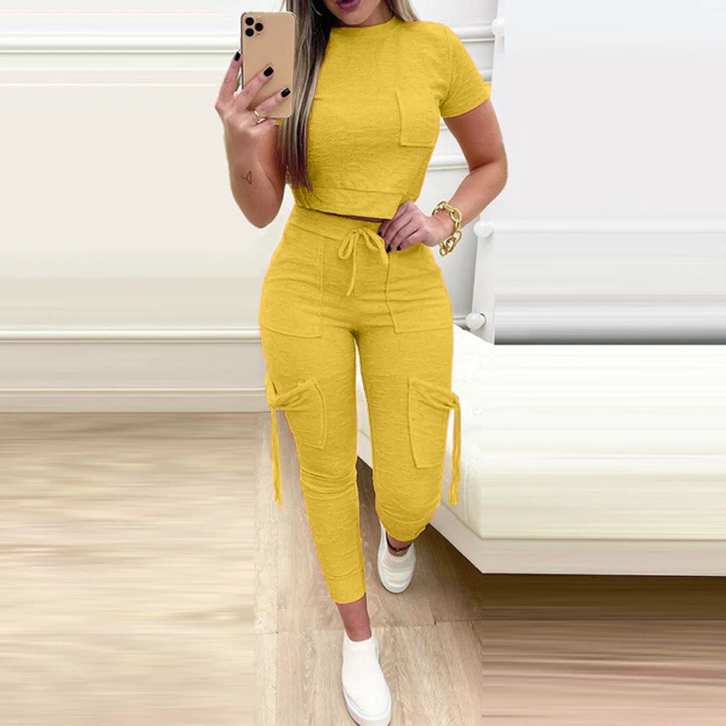 Women Cropped T Shirt Slim Long Pants