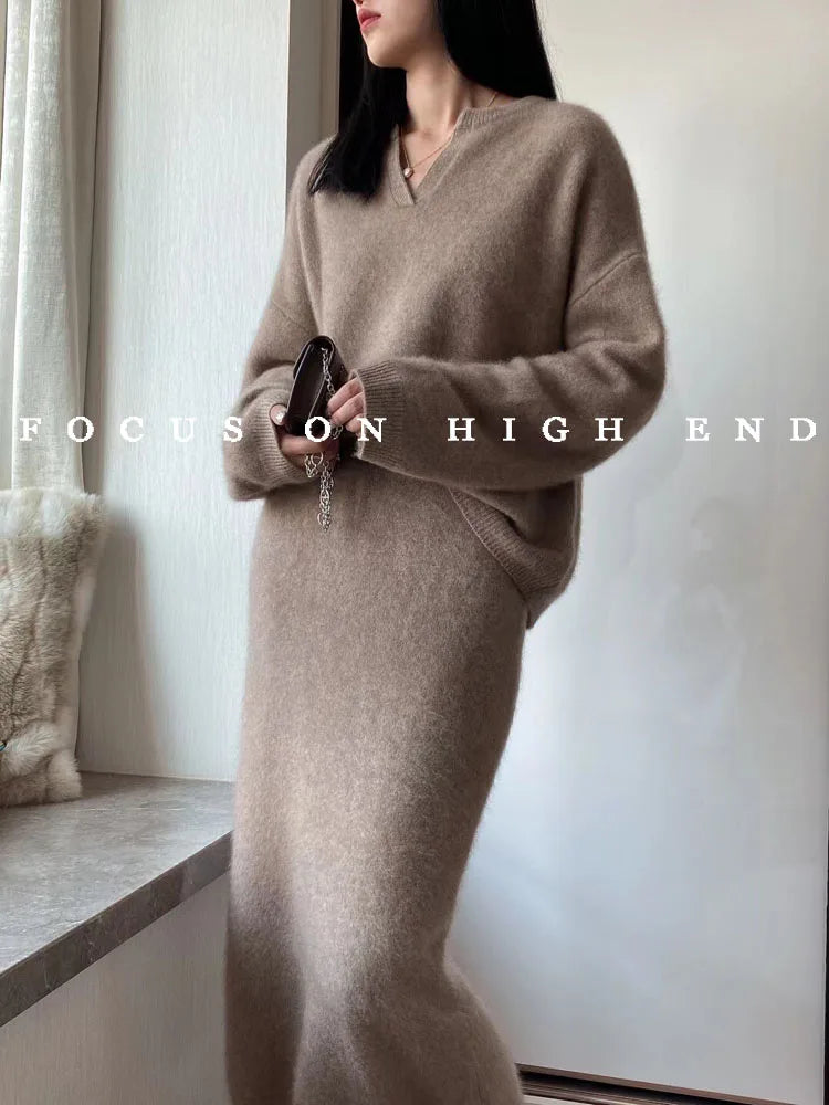 POLO collar fleece sweater + mid-length skirt two-piece
